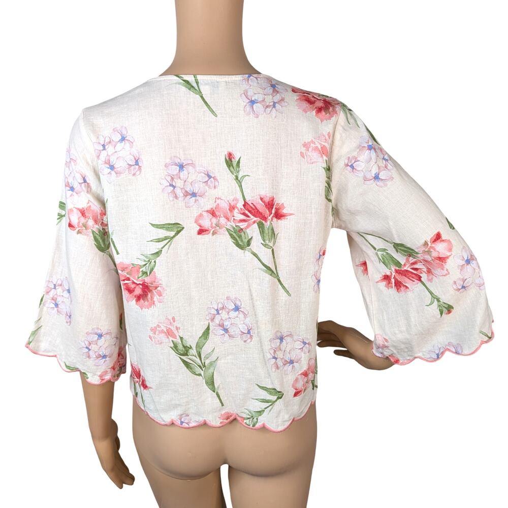 Laura Ashley Ivory Pink Floral Linen Blend Tie-Front Blouse Scalloped Hem XS - Picture 8 of 12